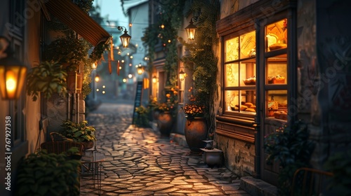 A captivating cobblestone alley bathed in the warm glow of a bakery and street lamps, evoking a sense of enchantment at dusk. © doraclub