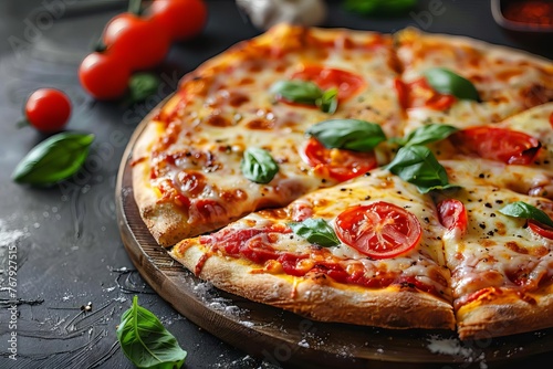 Delicious homemade pizza with gooey cheese, fresh toppings and golden crust, mouthwatering food photography