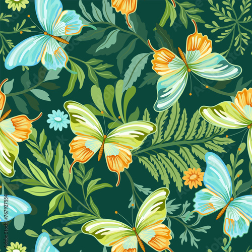 Seamless pattern of elegant beautiful tropical butterflies and plants isolated on background. Cute flying butterfly insects and leaves for decorative design elements.