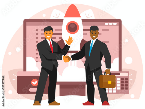 Investing in a startup. Startup concept. Rocket launch from computer display. Businessmen have concluded an agreement and shake hands. Business cooperation. Vector graphics