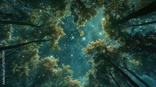 stary night looking up in forest, realistic 