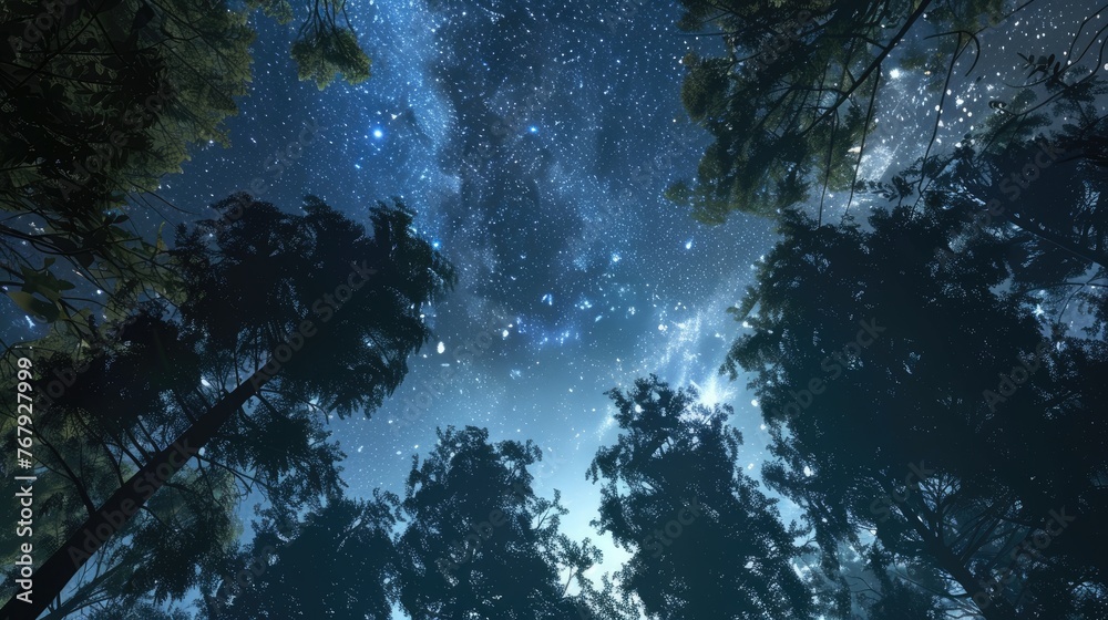stary night looking up in forest, realistic  - obrazy, fototapety, plakaty 