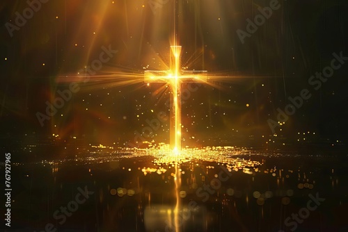 Divine light shining on golden cross, spiritual awakening and faith concept, digital illustration
