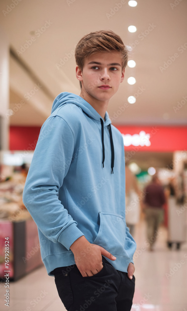 Fashion Forward: Teenage Trendsetter in Urban Chic. A fashion-forward teenager strikes a pose, showcasing a trendy ensemble against the backdrop of a bustling shopping center. 