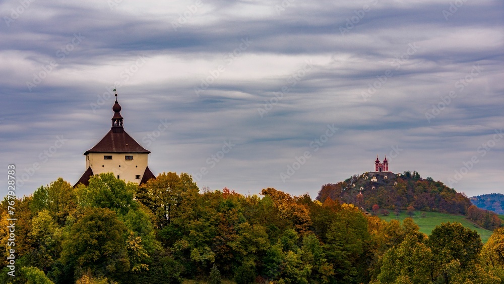 Picturesque view of Banska Stiavnica, New Castle and Calvary in Stiavnicke Vrchy.
