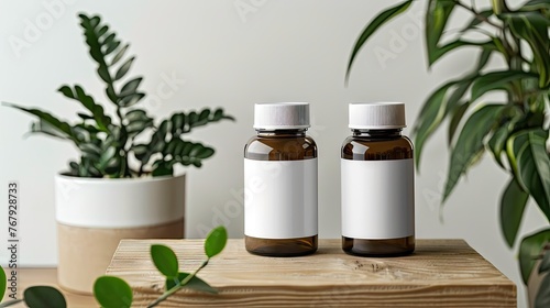 three mockup of a blank supplement bottle sitting on a wooden table with plants besides  minimal and clean style  