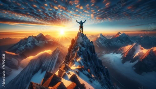 An image of a climber reaching the summit of a tall  snowy mountain at sunrise.