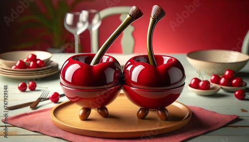 A cherry-shaped twin serving bowl, with each cherry acting as a separate bowl, connected by a wooden stem and standing on small wooden legs on a red t. photo