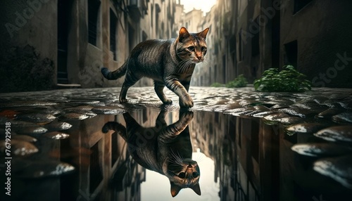 A cat walking cautiously over a puddle, staring intently at its own reflection. photo