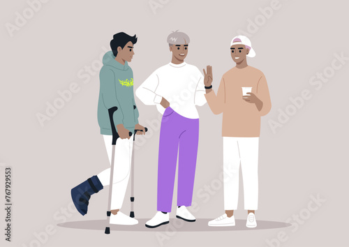 Friends Chatting Supportively, One bearing Crutches and hard shell protective Boot, Three characters engage in a cheerful chat