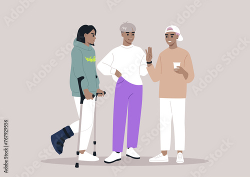 Friends Chatting Supportively, One bearing Crutches and hard shell protective Boot, Three characters engage in a cheerful chat