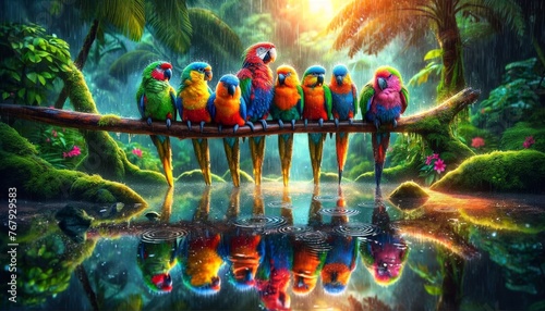 A group of colorful parrots sitting on a branch during a rain shower, with their vivid reflections visible on the wet surface below.