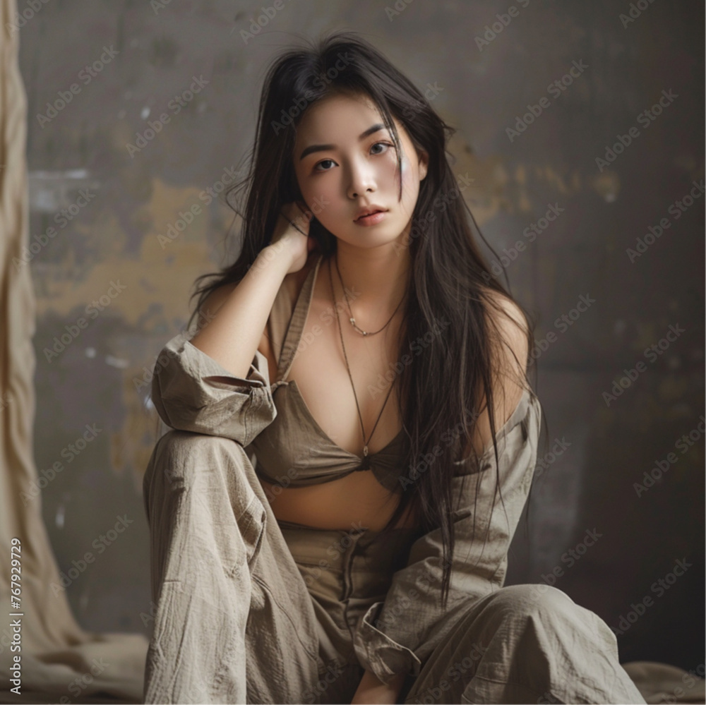 asian model girls with casual styl full body. Long black curly hair asian model girls with casual styl full body. Long black curly hair
