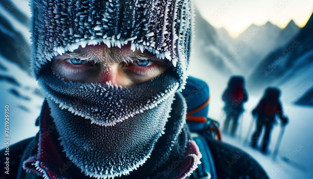 A close-up of a climber's face, partially covered by a frost-edged balaclava, with visible breath against the cold air, intense and determined eyes pe. - obrazy, fototapety, plakaty 