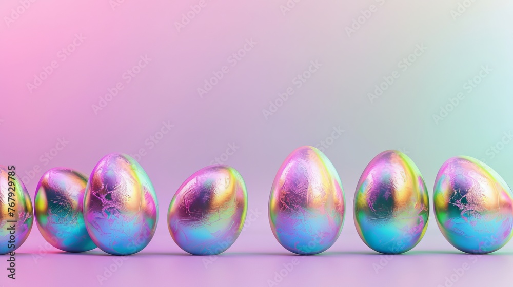 Holographic metallic painted Easter eggs on gradient background with copy space, vivid colorful Easter banner