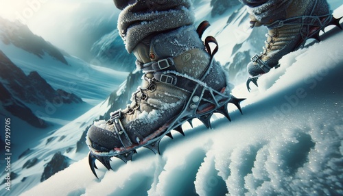 A close-up of a climber's snow-covered boots and crampons, carefully stepping on the fragile icy crust of a steep slope. photo