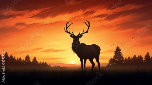 A deer stands in a field at sunset
