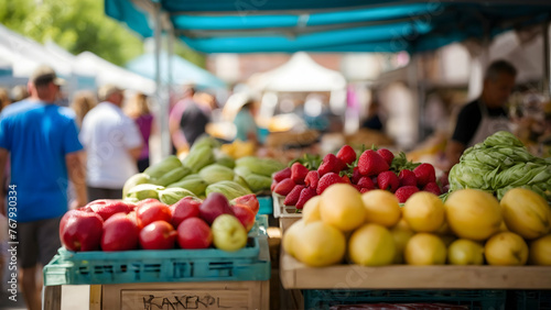 Photo real for A bustling farmers� market on a sunny summer morning in Summer event theme ,Full depth of field, clean bright tone, high quality ,include copy space, No noise, creative idea