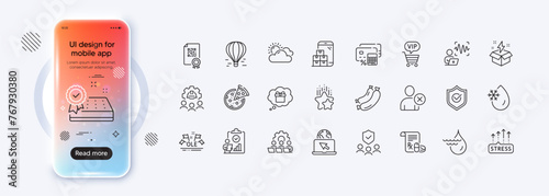 Delete user, Mobile inventory and Voice wave line icons for web app. Phone mockup gradient screen. Pack of Engineering team, Gift dream, Medical prescription pictogram icons. Vector