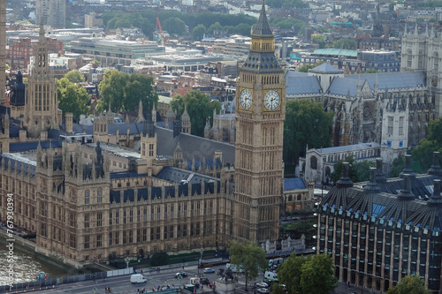 Palace of Westminster and Big Ben seen from London Eye observation wheel in London, UK