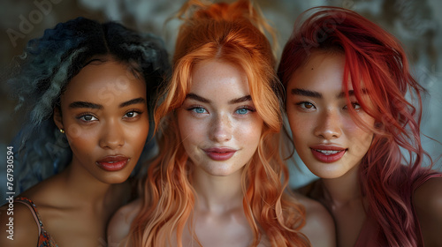 Three Women with Vibrant Ginger, Blue, and Red Hair Strike Game-Inspired Poses in a Studio Portrait