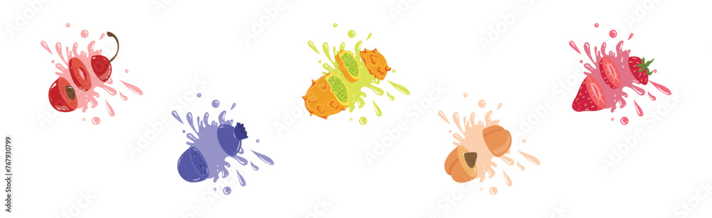Fruits Cut In The Air Splashing The Juice Vector Set