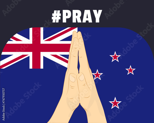 Pray for New Zealand, help or support concept, New Zealand flag with praying hands