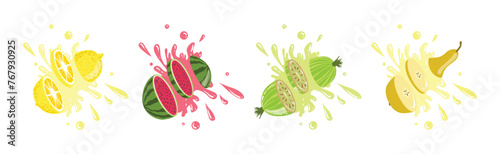 Fruits Cut In The Air Splashing The Juice Vector Set