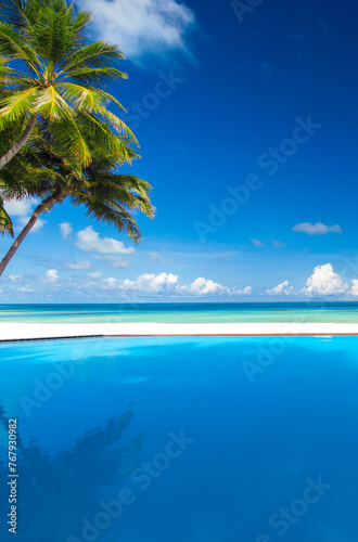 Fototapeta Naklejka Na Ścianę i Meble -  Infinity Pool with a view, palm tree sandy beach, maldives, asia, indian ocean