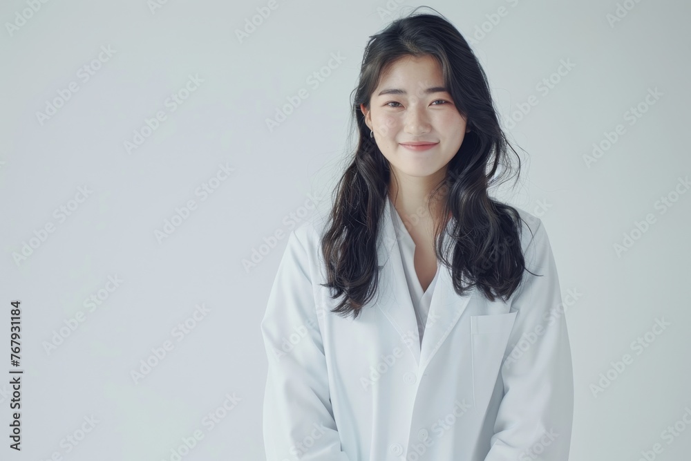 smiling and happy women college professors, dressed in grey and white coats, standing as scientists and doctors, isolated on a crisp white background.