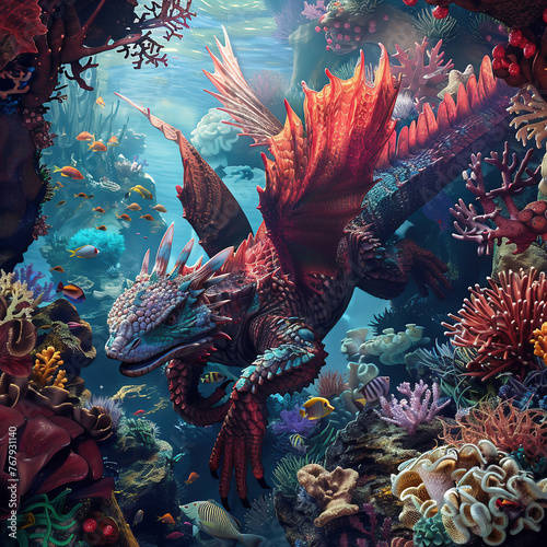Sea dragon in a coral reef with corals and fish