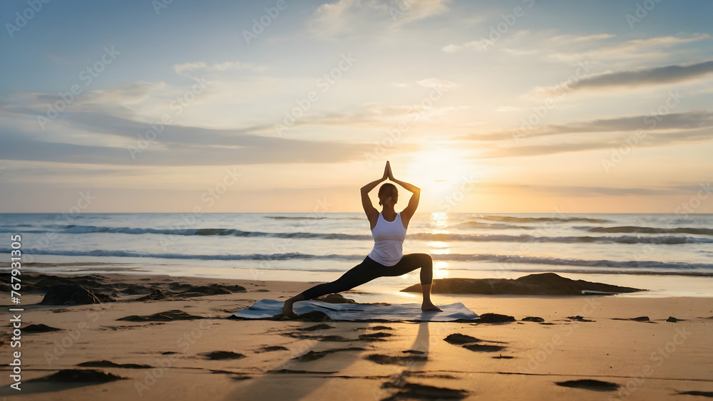 Photo real for A yoga class on a beach at sunrise, starting the day with mindfulness in Summer event theme ,Full depth of field, clean bright tone, high quality ,include copy space, No noise, creative