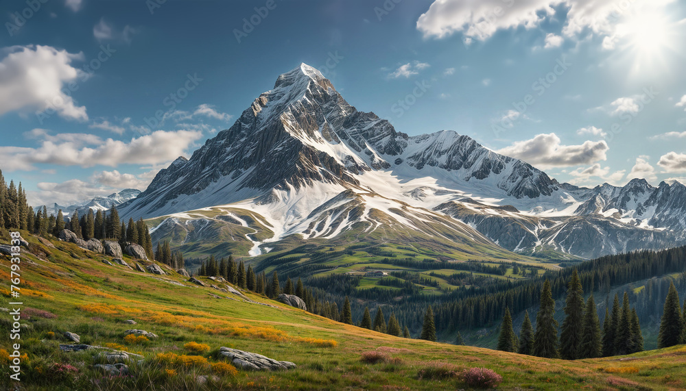 Mountain landscape. Snow-covered rocks. Mountain peaks. Green mountain valley