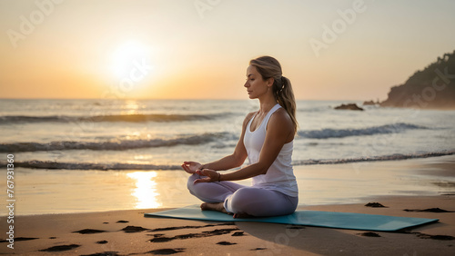 Photo real for A yoga class on a beach at sunrise  starting the day with mindfulness in Summer event theme  Full depth of field  clean bright tone  high quality  include copy space  No noise  creative