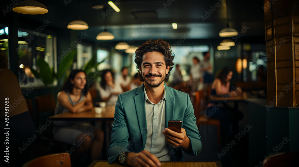 30s hispanic businessman, ceo holding a cellphone, wearing green shirt and suit, smiling at a coffee shop. Work break. 