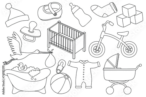 Newborn infant themed cute doodle set. 