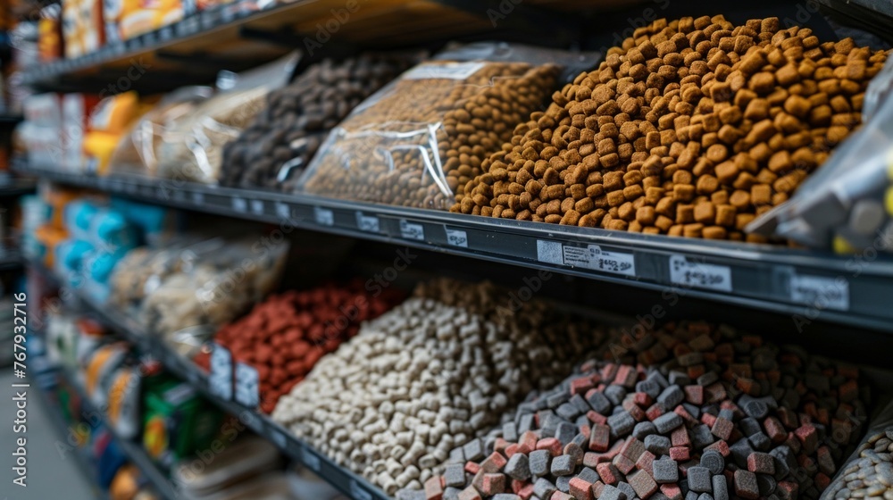 Animal food. Food for cats and dogs, shelves with goods for animals. Pet Shop.