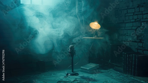 An eerie podcast corner, microphone casting strange shadows, with fog and ghost story books scattered © komgritch