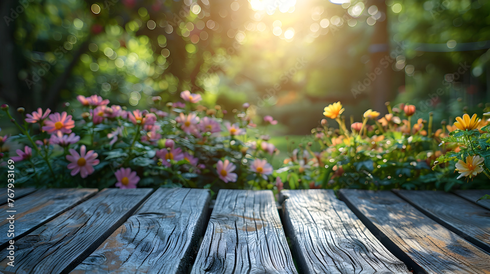 Wooden Table Top in Blooming Garden Bathed in Sunlight Evoking Serene Atmosphere