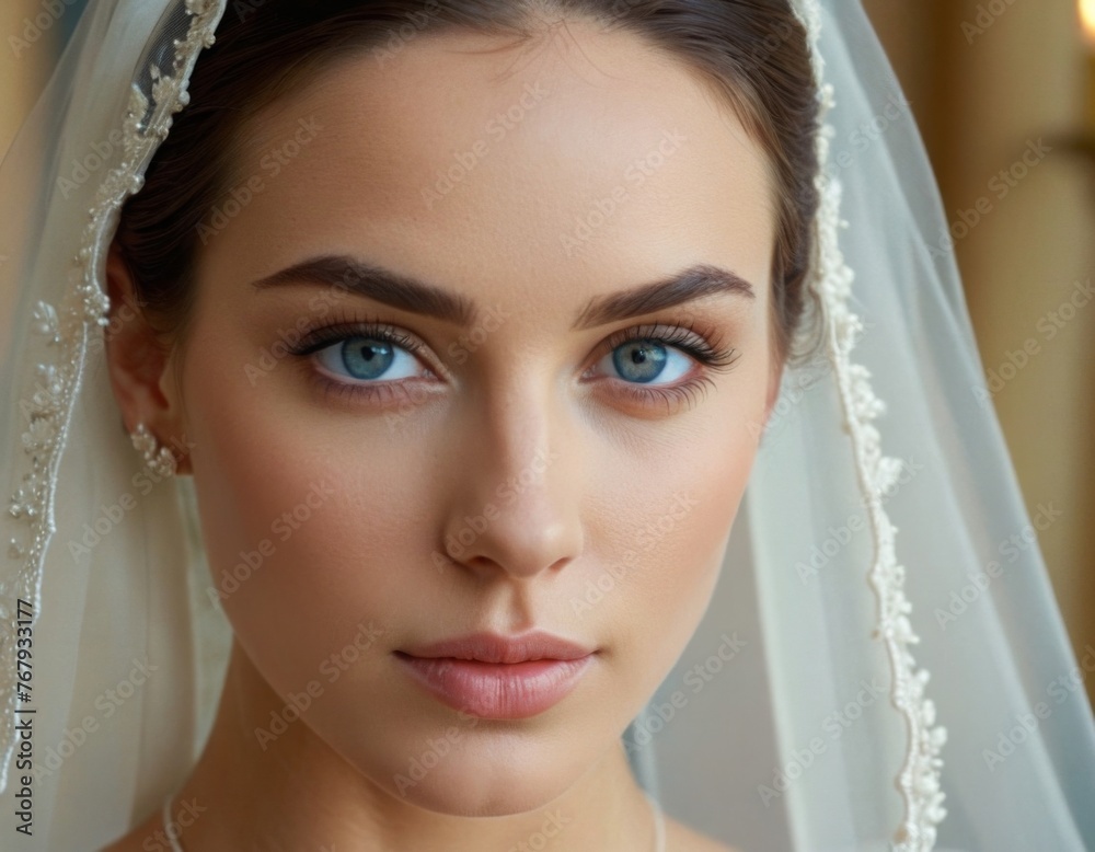 A stunning bride with deep blue eyes and impeccably styled hair gazes calmly at the viewer, her delicate features framed by a classic veil embellished with intricate lace details. A stunning bride with deep blue eyes and impeccably styled hair gazes calmly at the viewer, her delicate features framed by a classic veil embellished with intricate lace details.