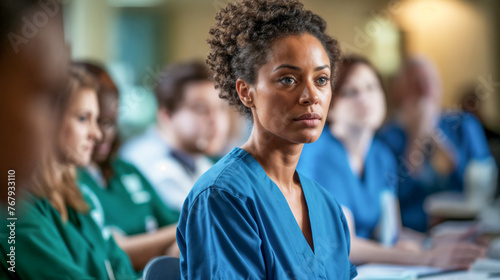 Concentrating Nurse in Blue Scrubs at a Multicultural Meeting