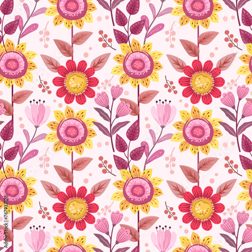 blooming colorful flowers and leaf design seamless pattern. This pattern can be used for fabric textile wallpaper.