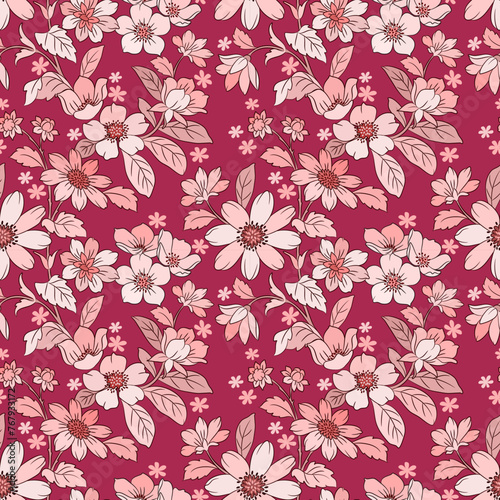 blooming monochrome red flowers and leaf seamless pattern. This pattern can be used for fabric textile wallpaper.