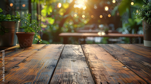 Wooden Tabletop in Sunlit Garden Serene AI-Generated Oasis