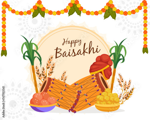Happy Baisakhi Indian festival celebration element Indian Punjabi sikh festival creative poster or flyer design.