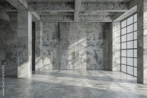 Empty industrial style room interior with concrete walls and floor, 3D rendering illustration