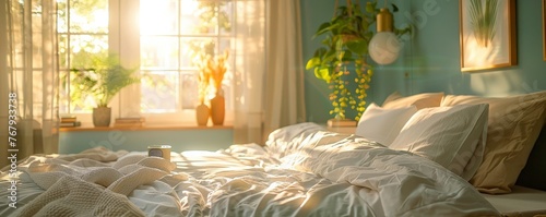 Cozy Bedroom with Morning Sunlight and Fresh Plants
