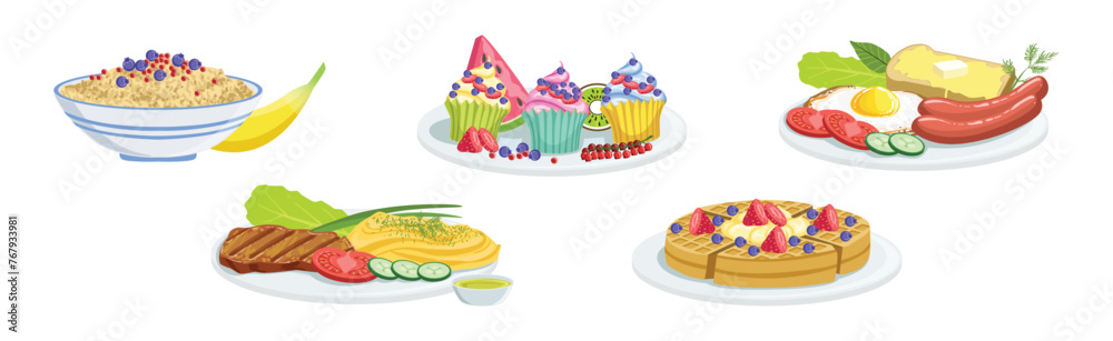 Different Meal and Food Served on Plate Vector Set Different Meal and Food Served on Plate Vector Set