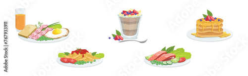 Different Meal and Food Served on Plate Vector Set © topvectors