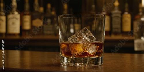 Whiskey on the rocks with ice cubes in a glass.